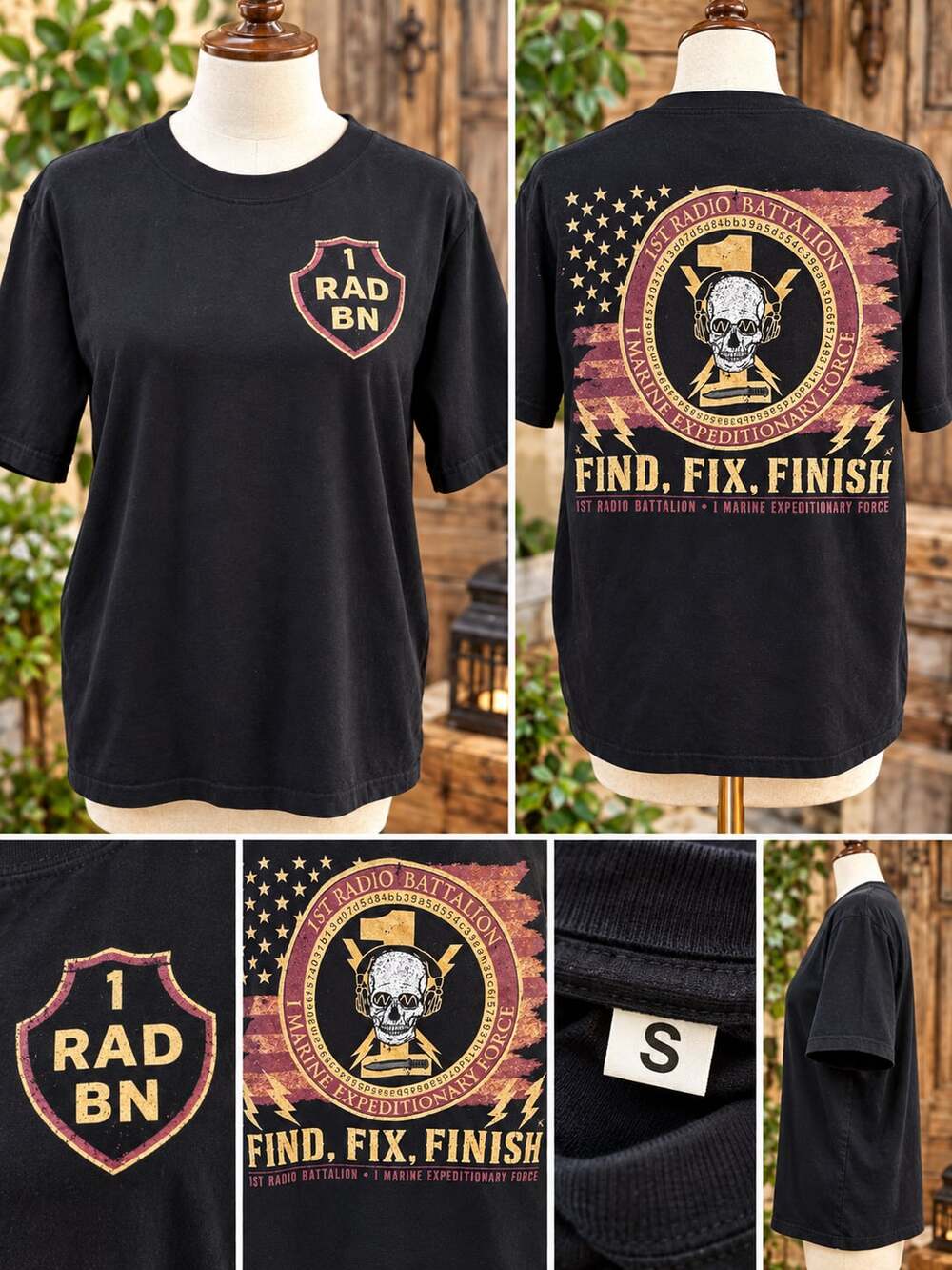 USMC 1st Radio Battalion T-Shirt Size S Find Fix Finish Black Graphic